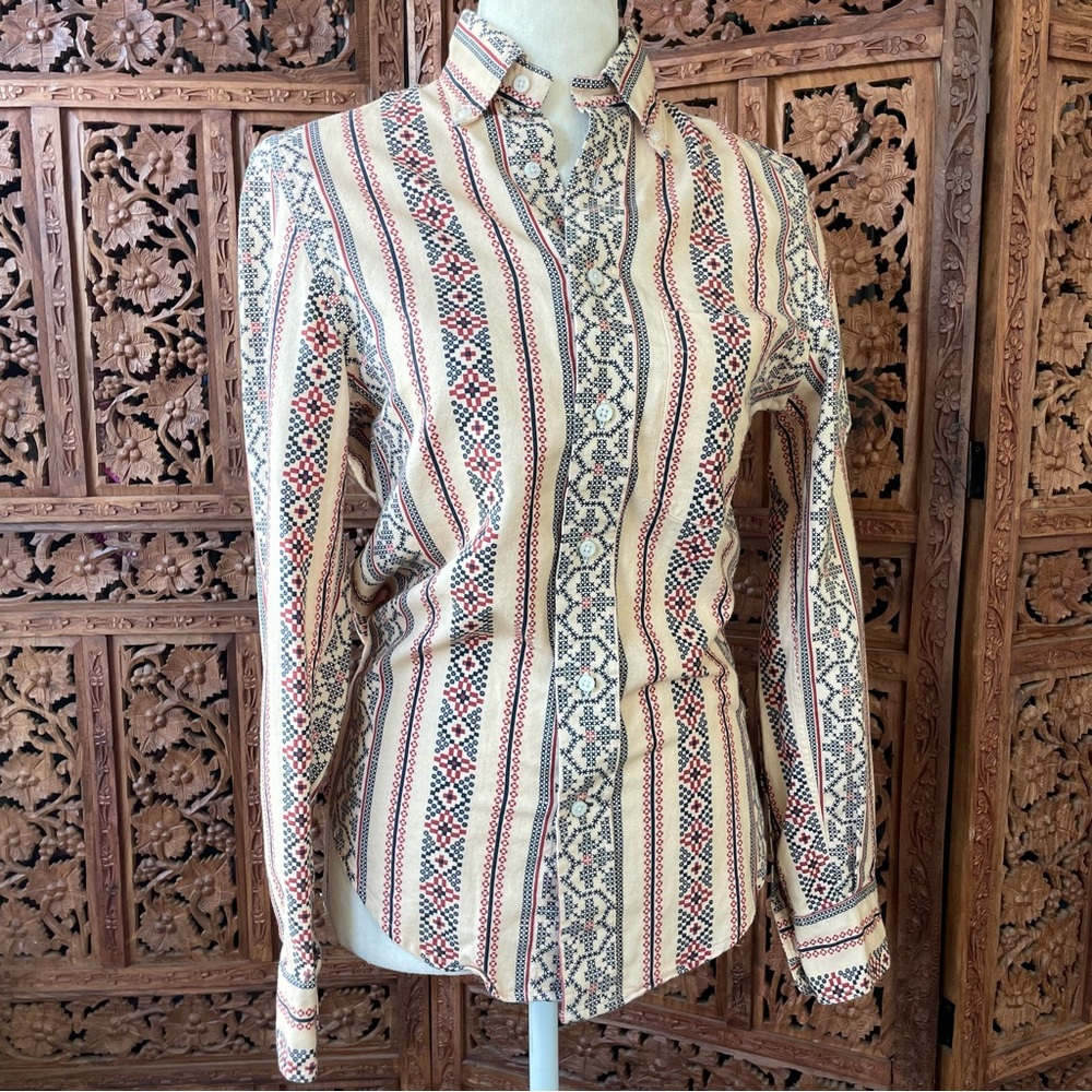 Gitman Bros Vintage Cream Button-Up Shirt with western cross stitch print - Picture 10 of 16